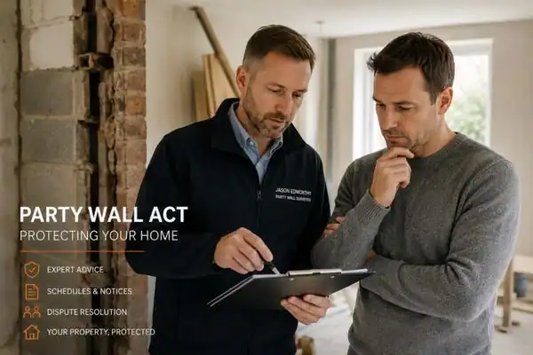 Party wall surveyor Tadley discussing extension plans with homeowner outside a UK semi-detached house.